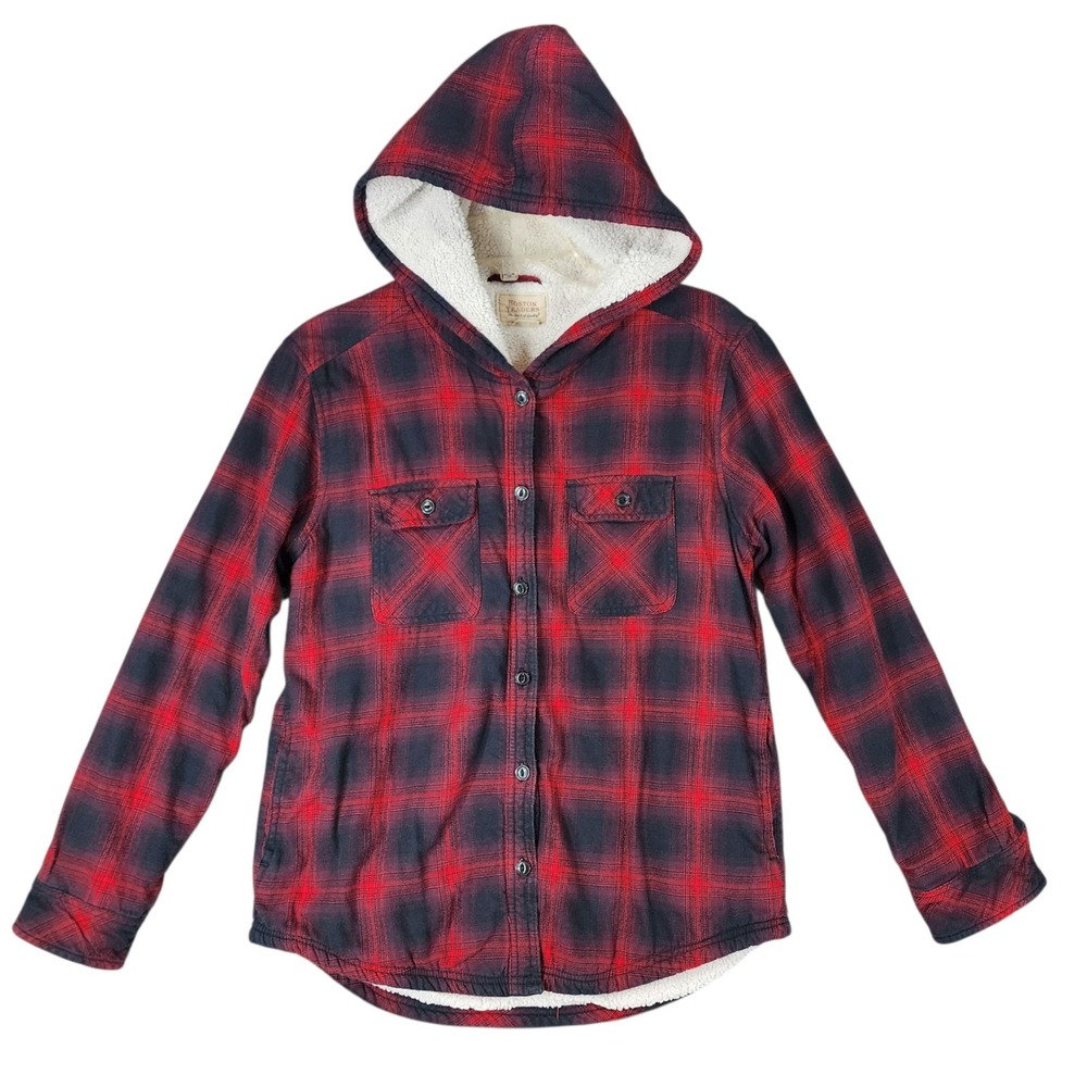 Boston Traders Sherpa Shacket Jacket sz S Women‎ Red Black Buffalo Plaid Hooded